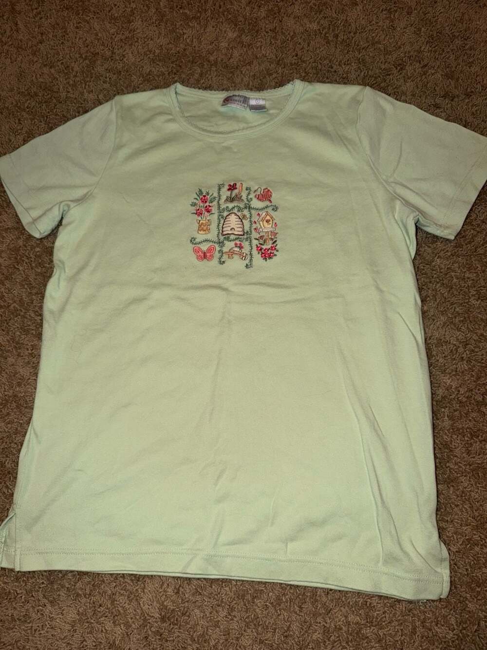 Hasting & Smith Woman Sage Green Embroidered Cottagecore Nature Graphic T-Shirt
